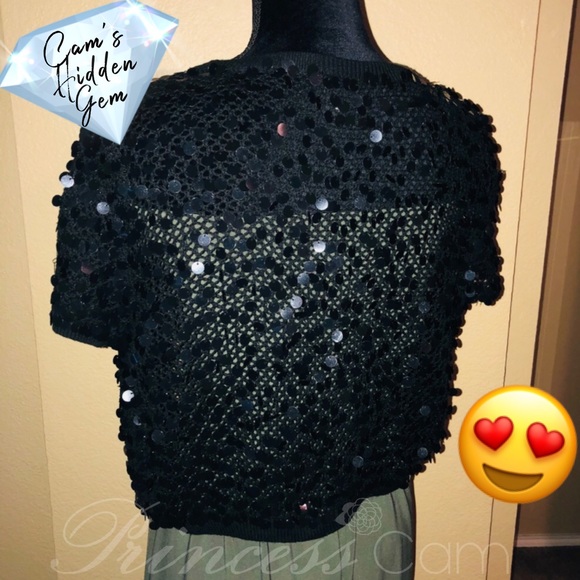 CEJON Black Sequin Open Knit Shrug/Bolero Sz M/L - Picture 6 of 8